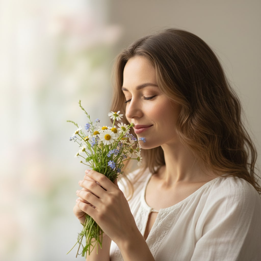 Woman gently holding a small KaBloom bouquet close to her face with a soft, caring expression, capturing emotional connection.